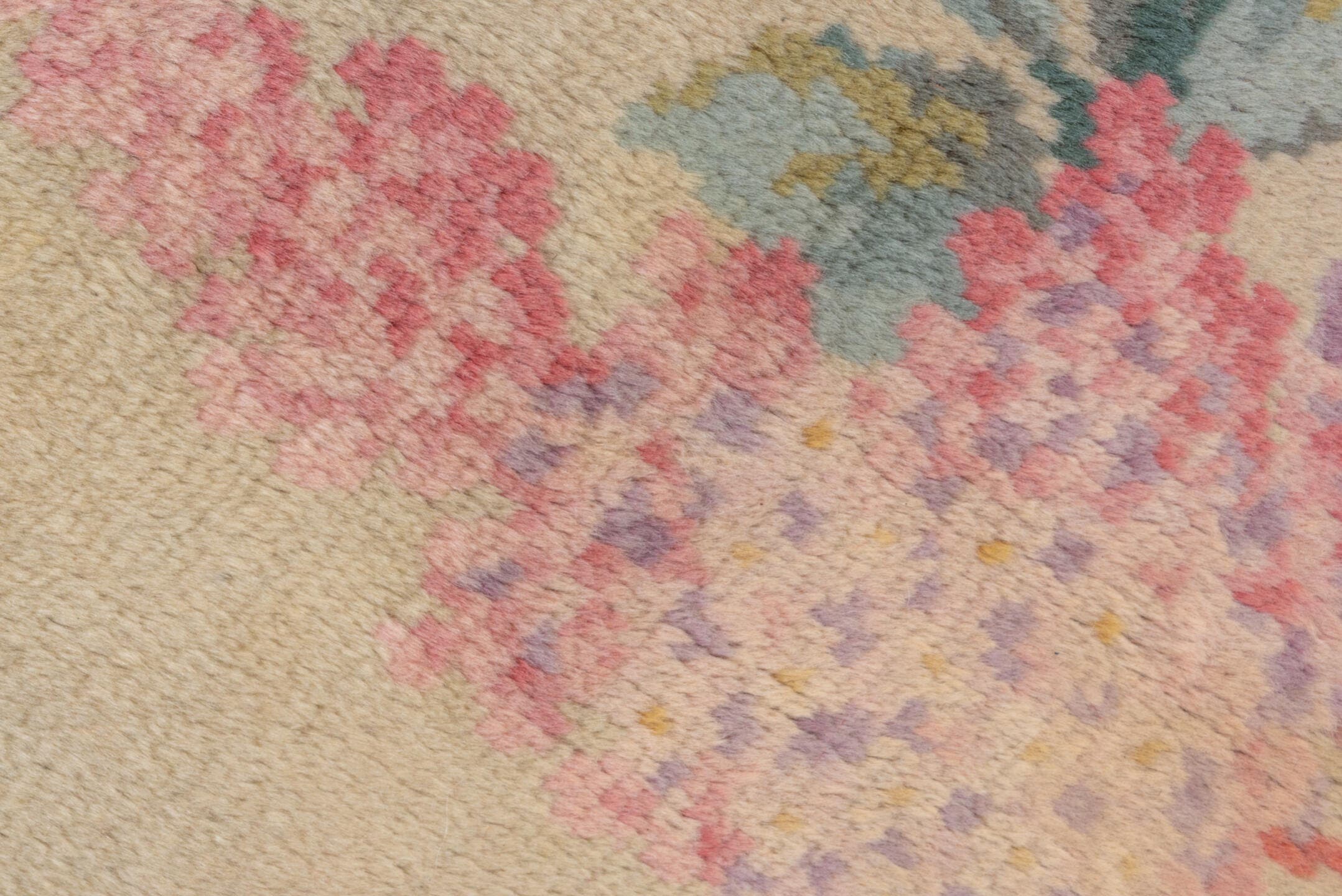 14' x 19' one-of-a-kind handmade vintage Spanish oversize rug. Color palette: ivory, blush, gold, rose, sage, cream, taupe