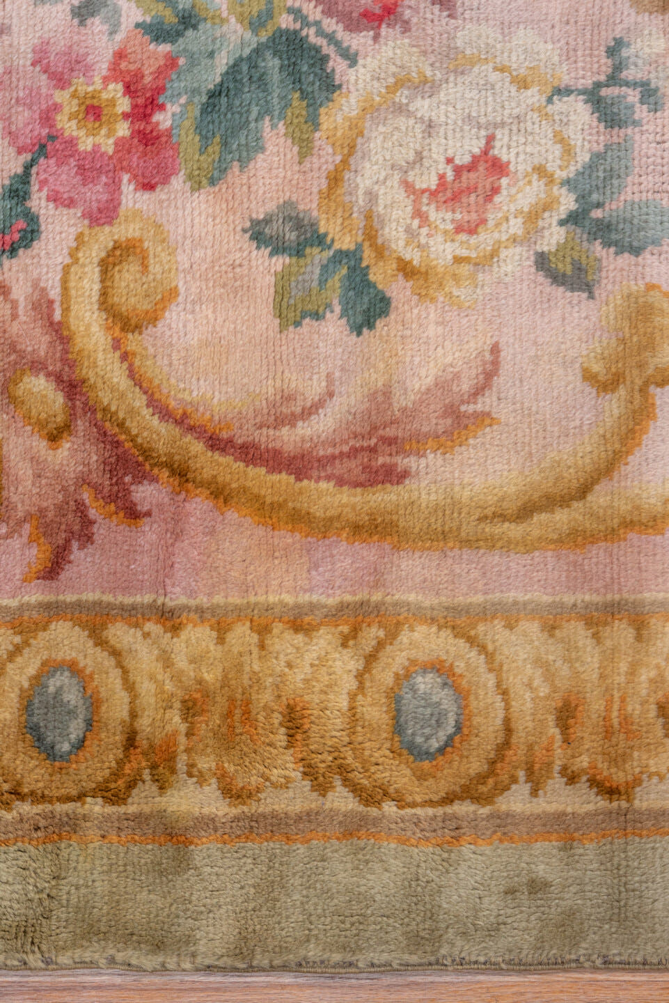 14' x 19' one-of-a-kind handmade vintage Spanish oversize rug. Color palette: ivory, blush, gold, rose, sage, cream, taupe