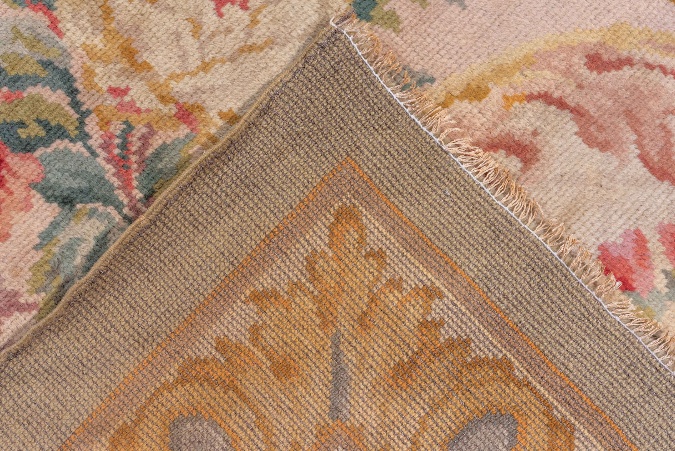 14' x 19' one-of-a-kind handmade vintage Spanish oversize rug. Color palette: ivory, blush, gold, rose, sage, cream, taupe