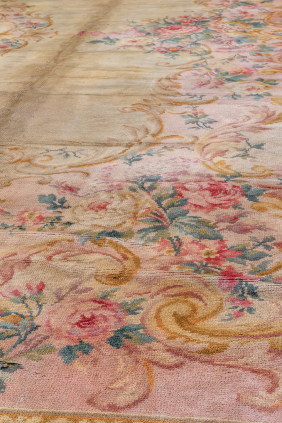 14' x 19' one-of-a-kind handmade vintage Spanish oversize rug. Color palette: ivory, blush, gold, rose, sage, cream, taupe