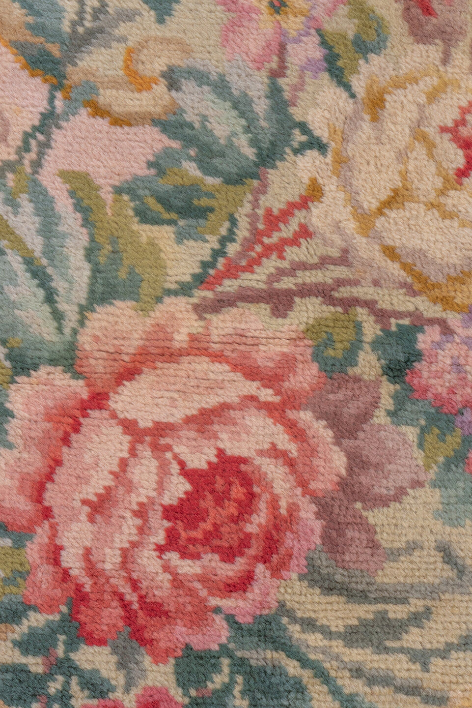 14' x 19' one-of-a-kind handmade vintage Spanish oversize rug. Color palette: ivory, blush, gold, rose, sage, cream, taupe