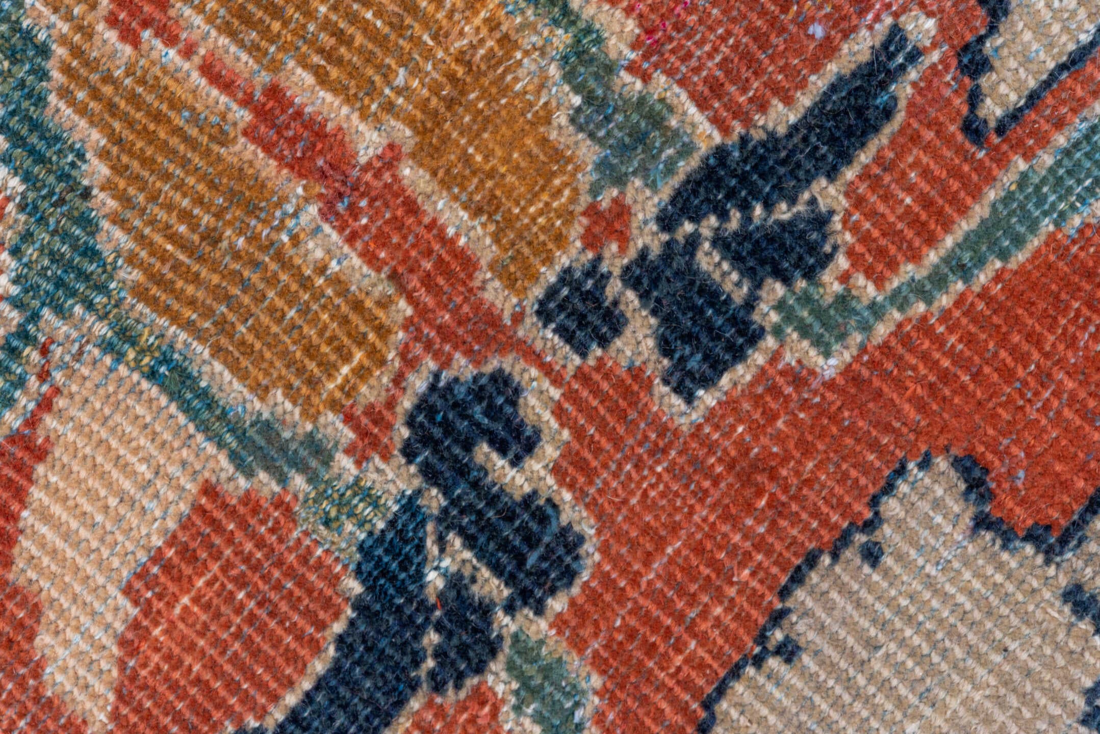 14' x 20' one-of-a-kind handmade vintage Mahal oversize rug. Color palette: terra cotta, navy, ivory, teal, camel, rust
