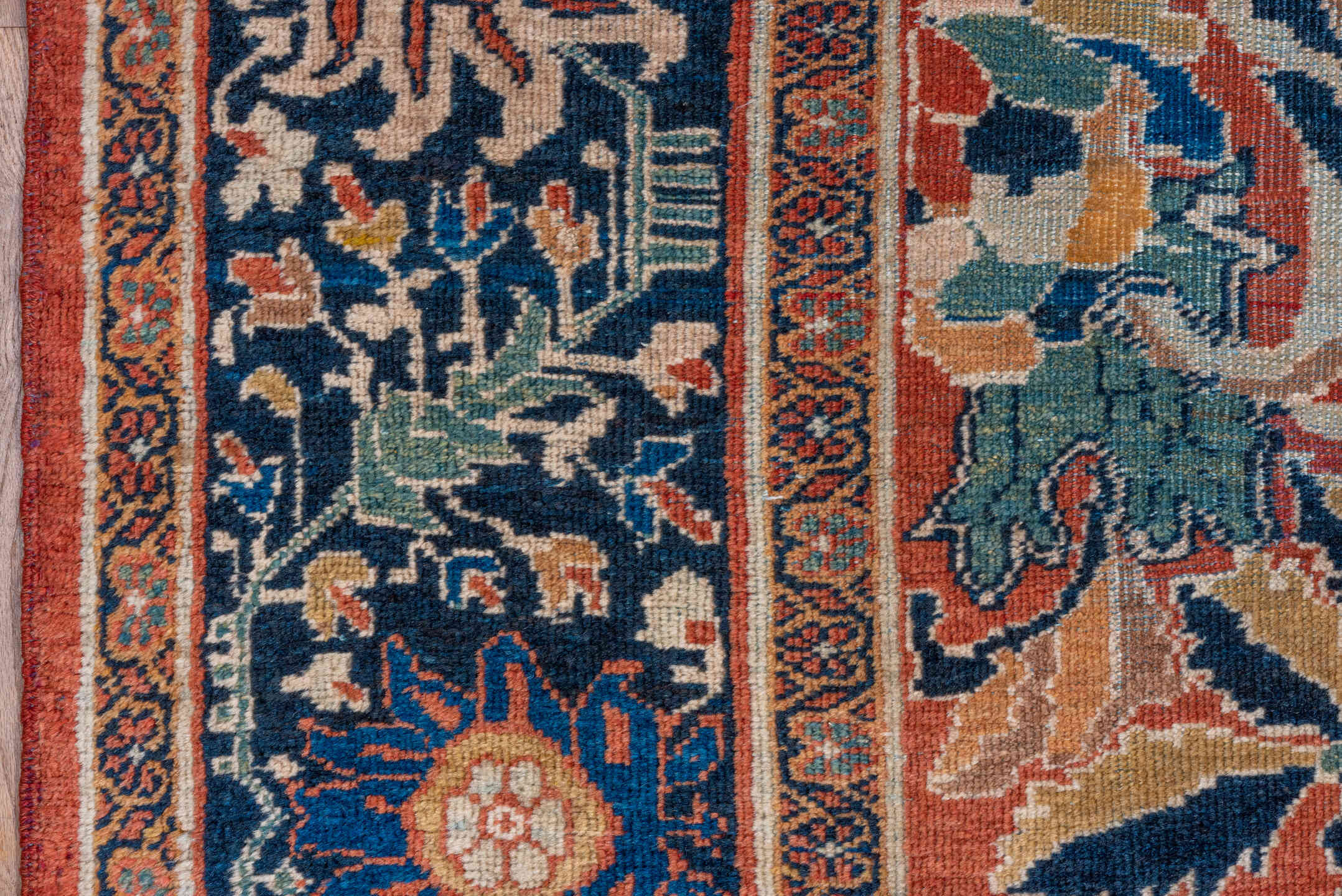 14' x 20' one-of-a-kind handmade vintage Mahal oversize rug. Color palette: terra cotta, navy, ivory, teal, camel, rust