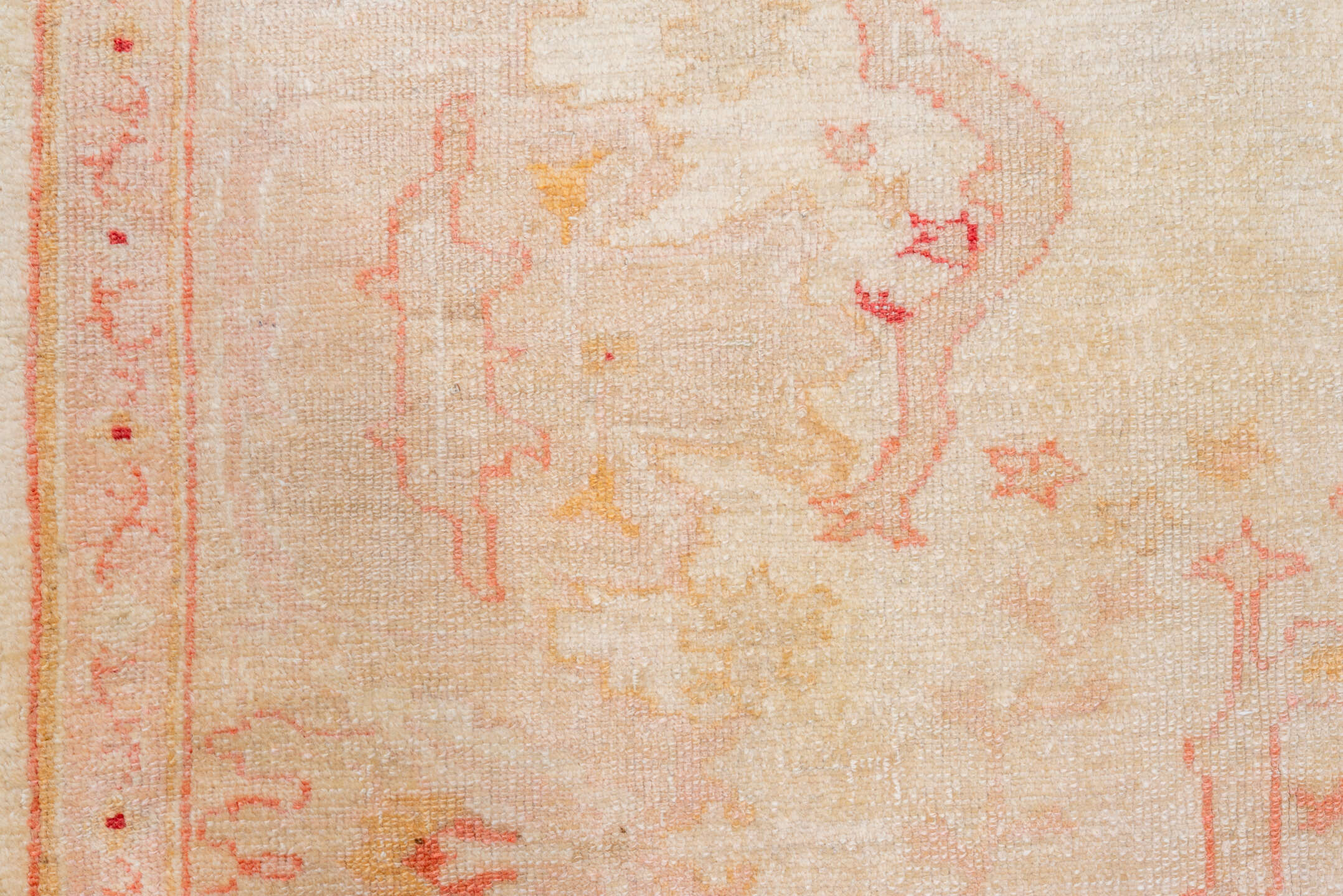 7' x 10' one-of-a-kind handmade vintage Oushak large size rug. Color palette: ivory, blush, peach, apricot, pale gold, rose