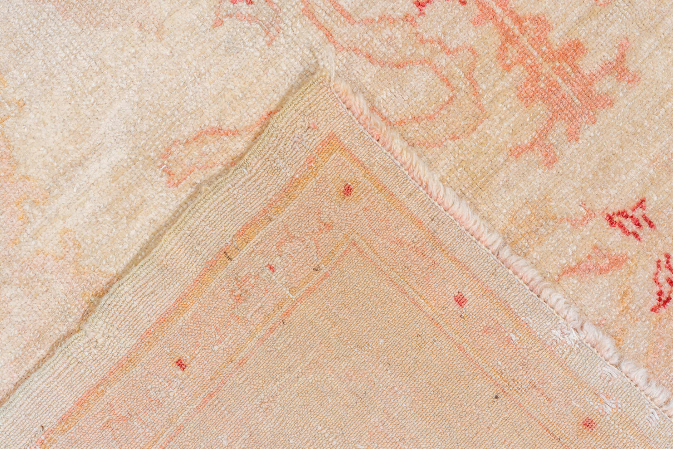 7' x 10' one-of-a-kind handmade vintage Oushak large size rug. Color palette: ivory, blush, peach, apricot, pale gold, rose