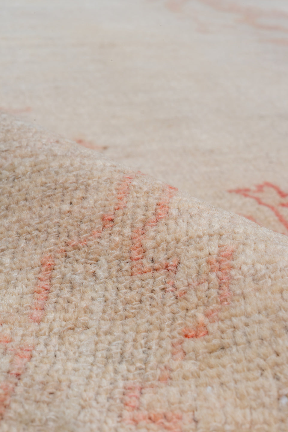 7' x 10' one-of-a-kind handmade vintage Oushak large size rug. Color palette: ivory, blush, peach, apricot, pale gold, rose