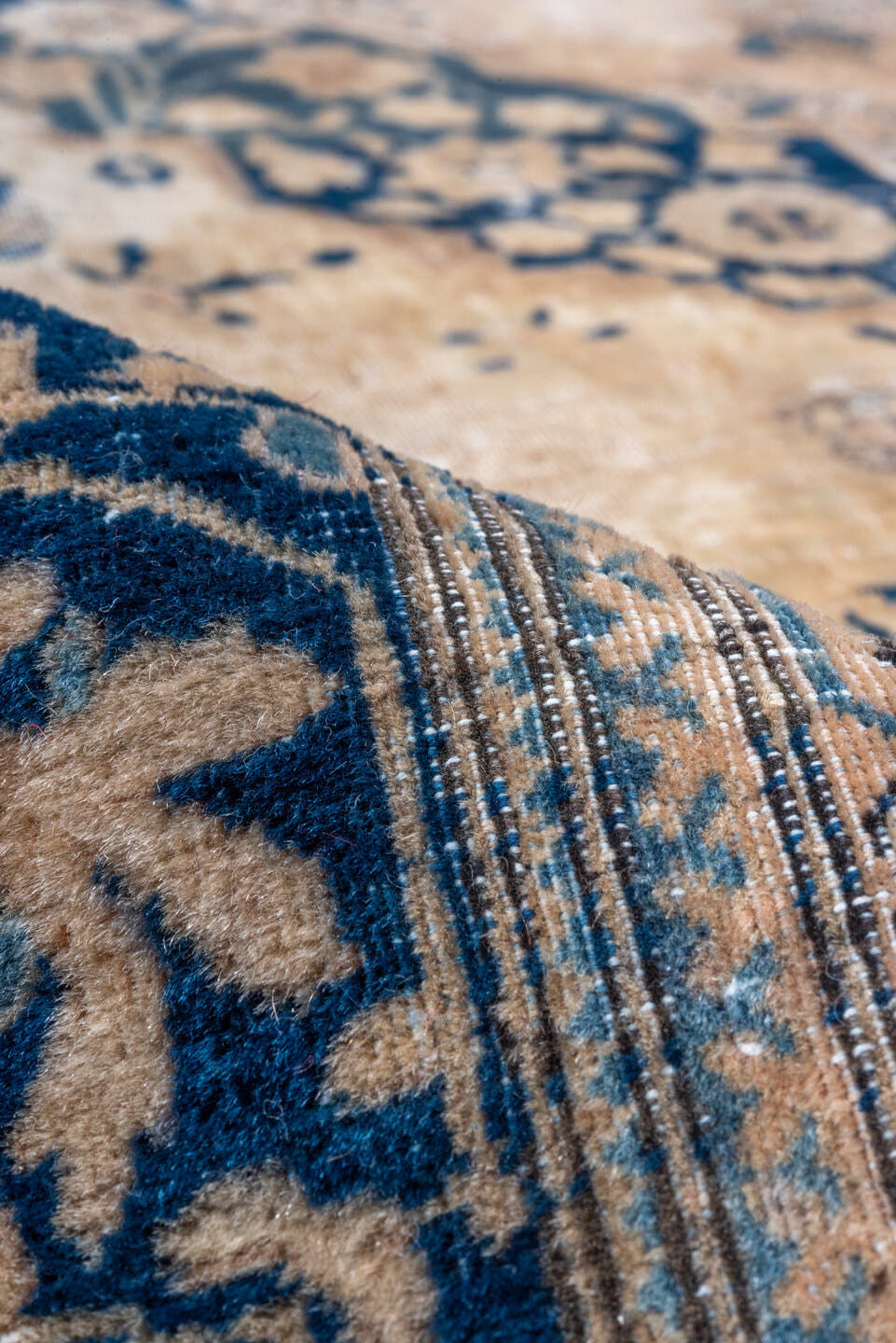 4' x 6' one-of-a-kind handmade vintage Mohtasham Kashan rug. Color palette: ivory, navy, beige, slate, taupe, camel, blue