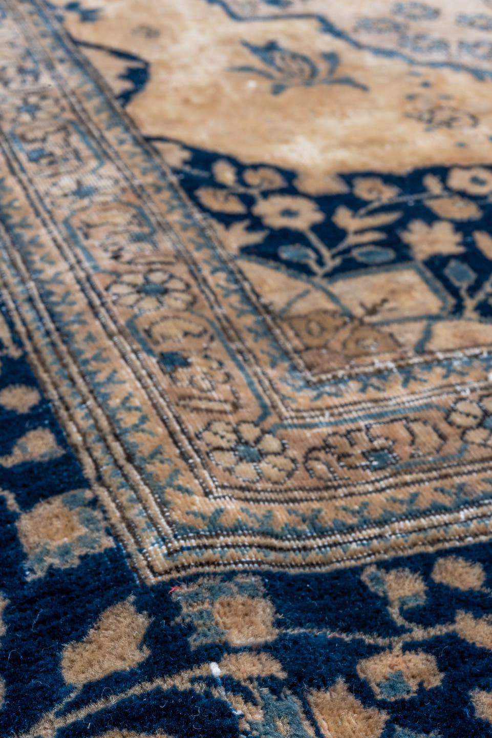 4' x 6' one-of-a-kind handmade vintage Mohtasham Kashan rug. Color palette: ivory, navy, beige, slate, taupe, camel, blue