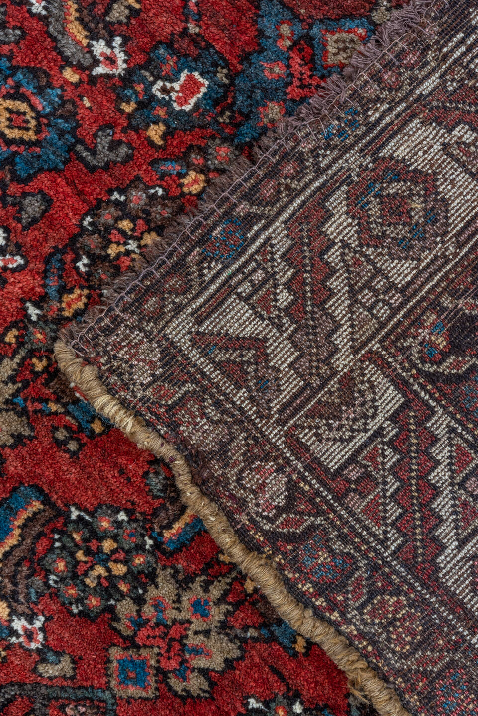 4' x 6' one-of-a-kind handmade vintage Kurd small size rug. Color palette: red, ivory, indigo, rust, navy, camel, burgundy