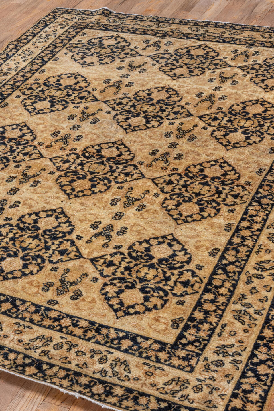 4' x 5' one-of-a-kind handmade vintage Lavar small size rug. Color palette: camel, ivory, charcoal, taupe, brown, beige
