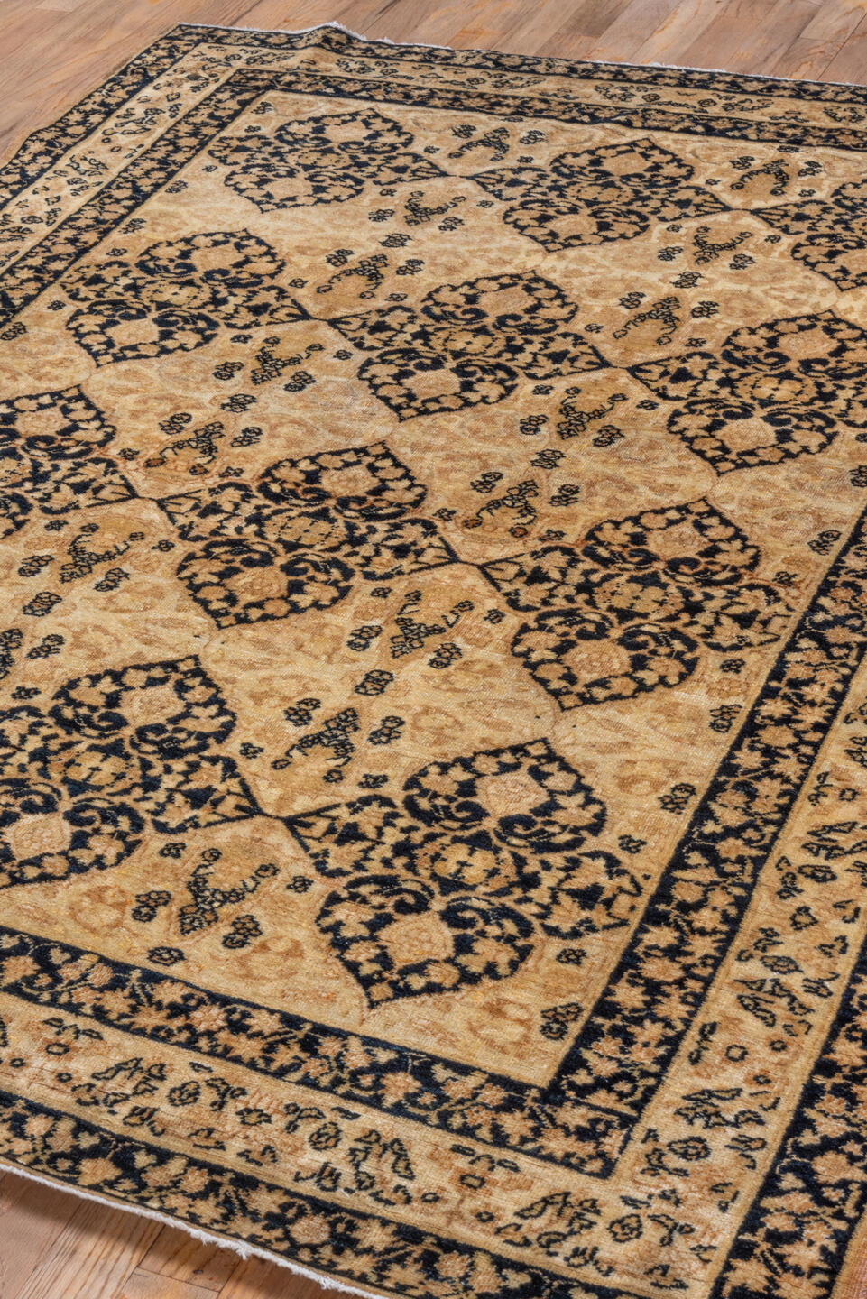 4' x 5' one-of-a-kind handmade vintage Lavar small size rug. Color palette: camel, ivory, charcoal, taupe, brown, beige