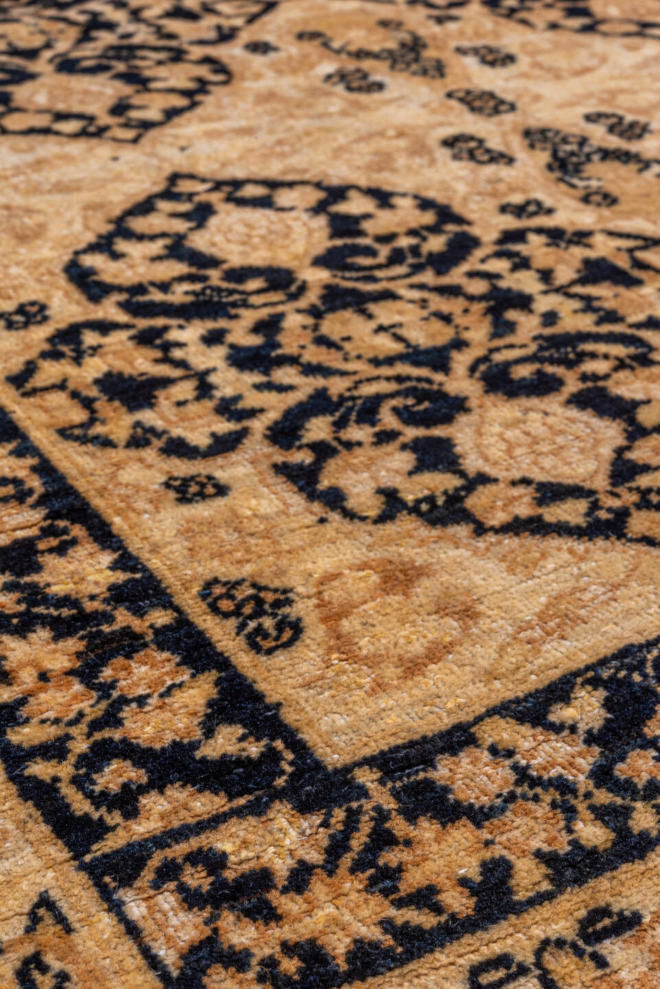 4' x 5' one-of-a-kind handmade vintage Lavar small size rug. Color palette: camel, ivory, charcoal, taupe, brown, beige