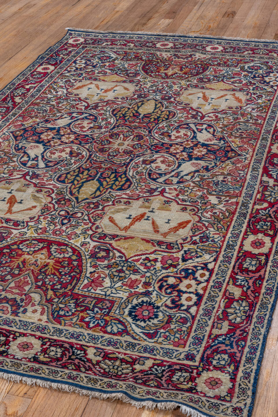 4' x 7' one-of-a-kind handmade vintage Yazd rug. Color palette: ivory, crimson, navy, rose, gold, burgundy, camel, red, blue