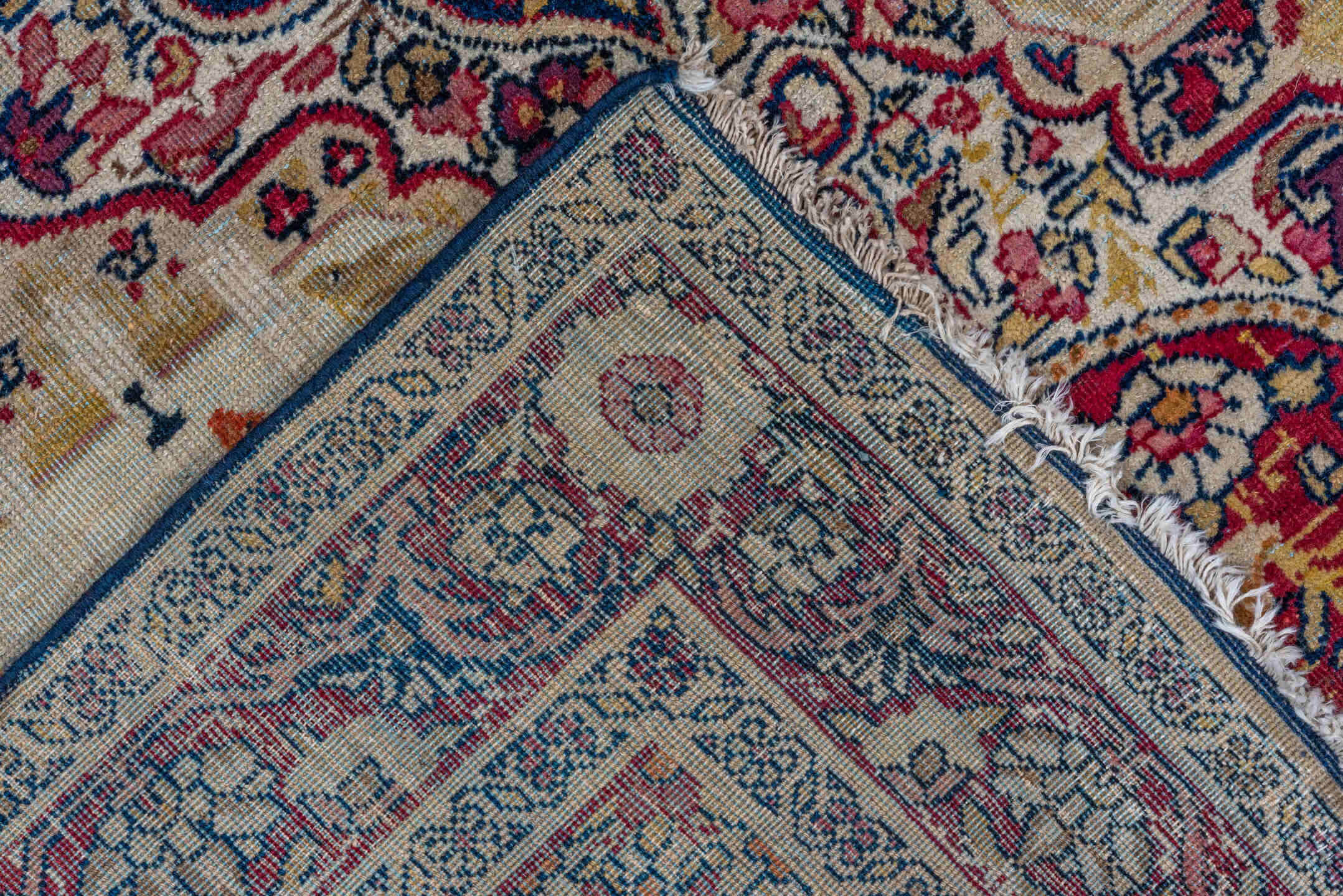 4' x 7' one-of-a-kind handmade vintage Yazd rug. Color palette: ivory, crimson, navy, rose, gold, burgundy, camel, red, blue