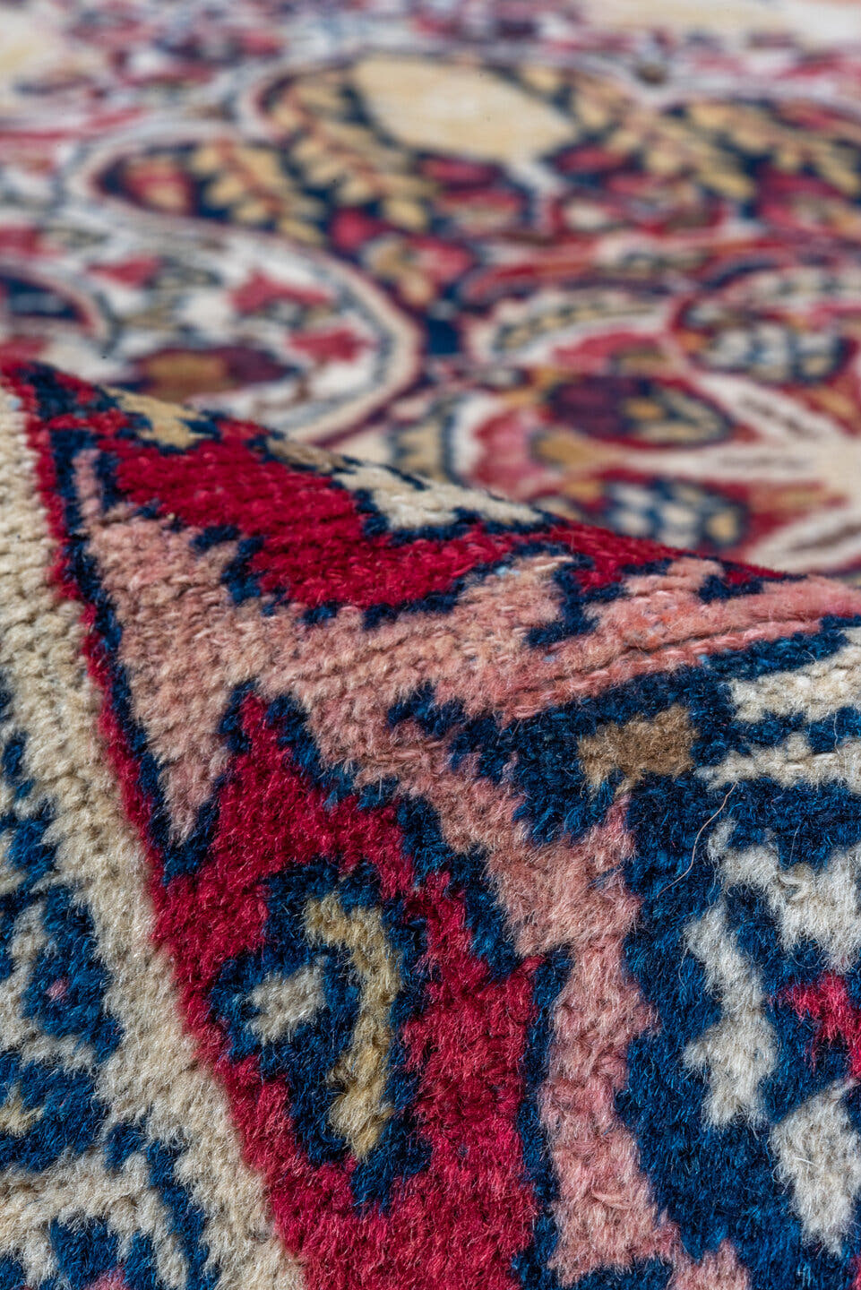 4' x 7' one-of-a-kind handmade vintage Yazd rug. Color palette: ivory, crimson, navy, rose, gold, burgundy, camel, red, blue