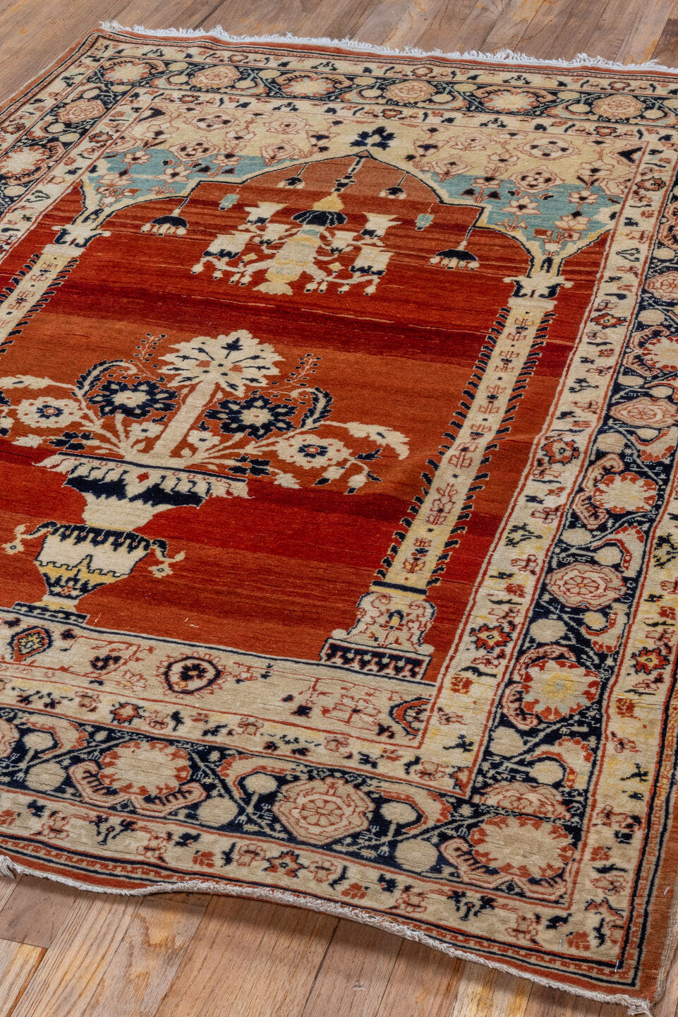 4' x 5' one-of-a-kind handmade vintage Tabriz rug. Color palette: rust, ivory, navy, camel, sky_blue, terracotta, charcoal