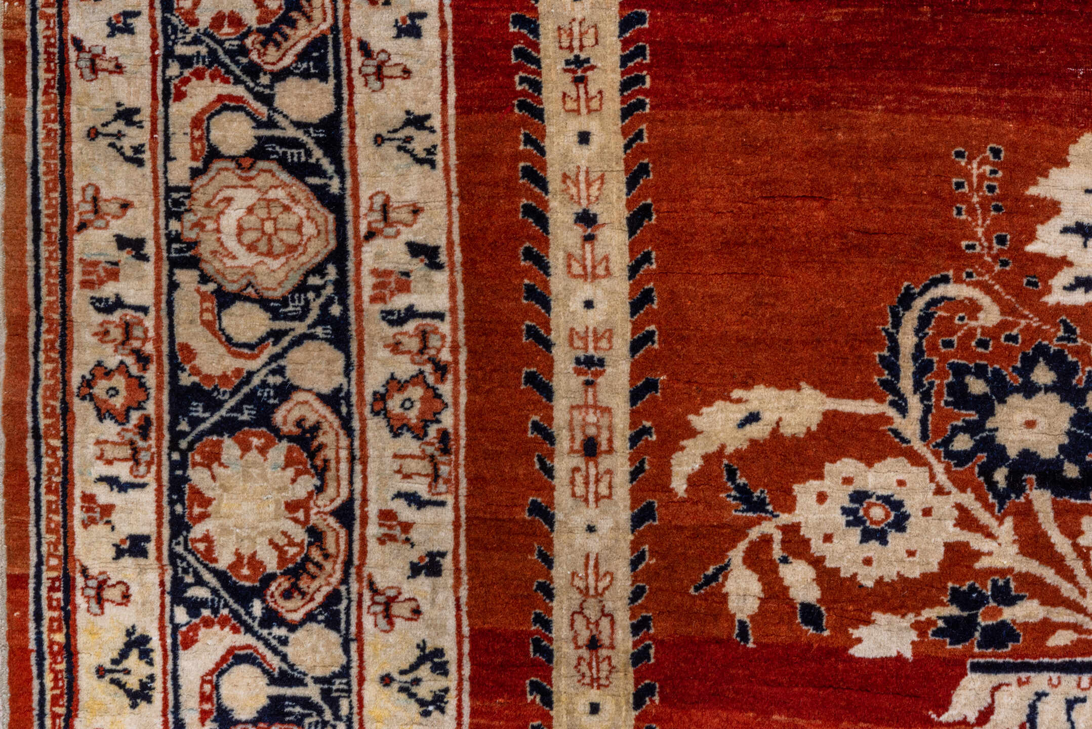 4' x 5' one-of-a-kind handmade vintage Tabriz rug. Color palette: rust, ivory, navy, camel, sky_blue, terracotta, charcoal
