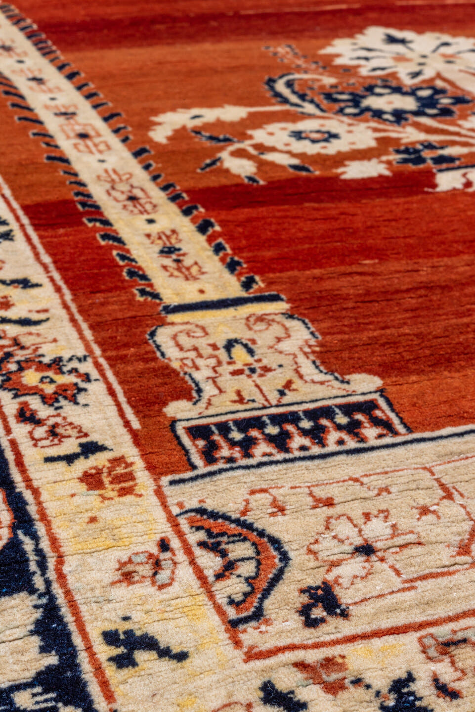 4' x 5' one-of-a-kind handmade vintage Tabriz rug. Color palette: rust, ivory, navy, camel, sky_blue, terracotta, charcoal