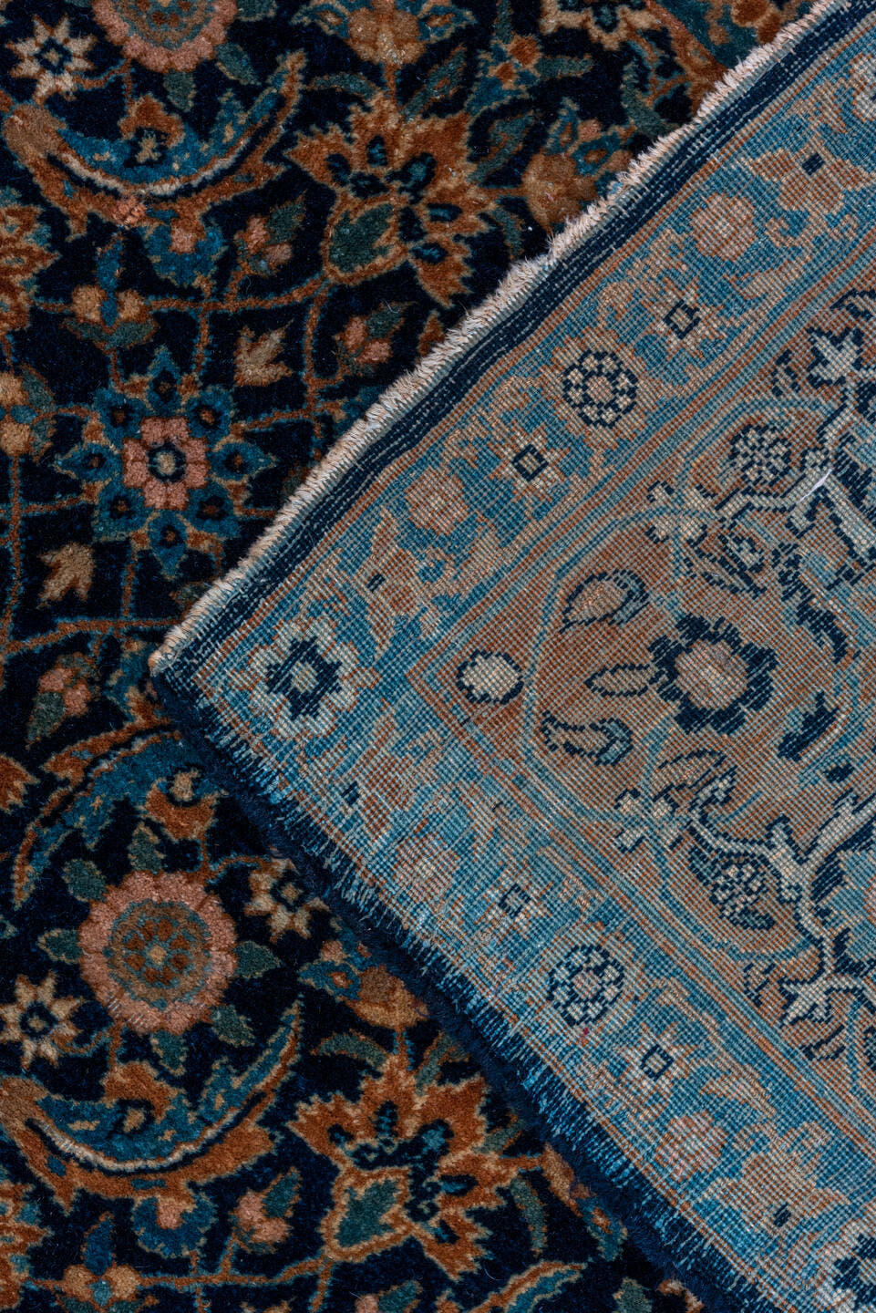 4' x 7' one-of-a-kind handmade vintage Yazd rug. Color palette: navy, turquoise, camel, taupe, rose, ivory, rust, charcoal