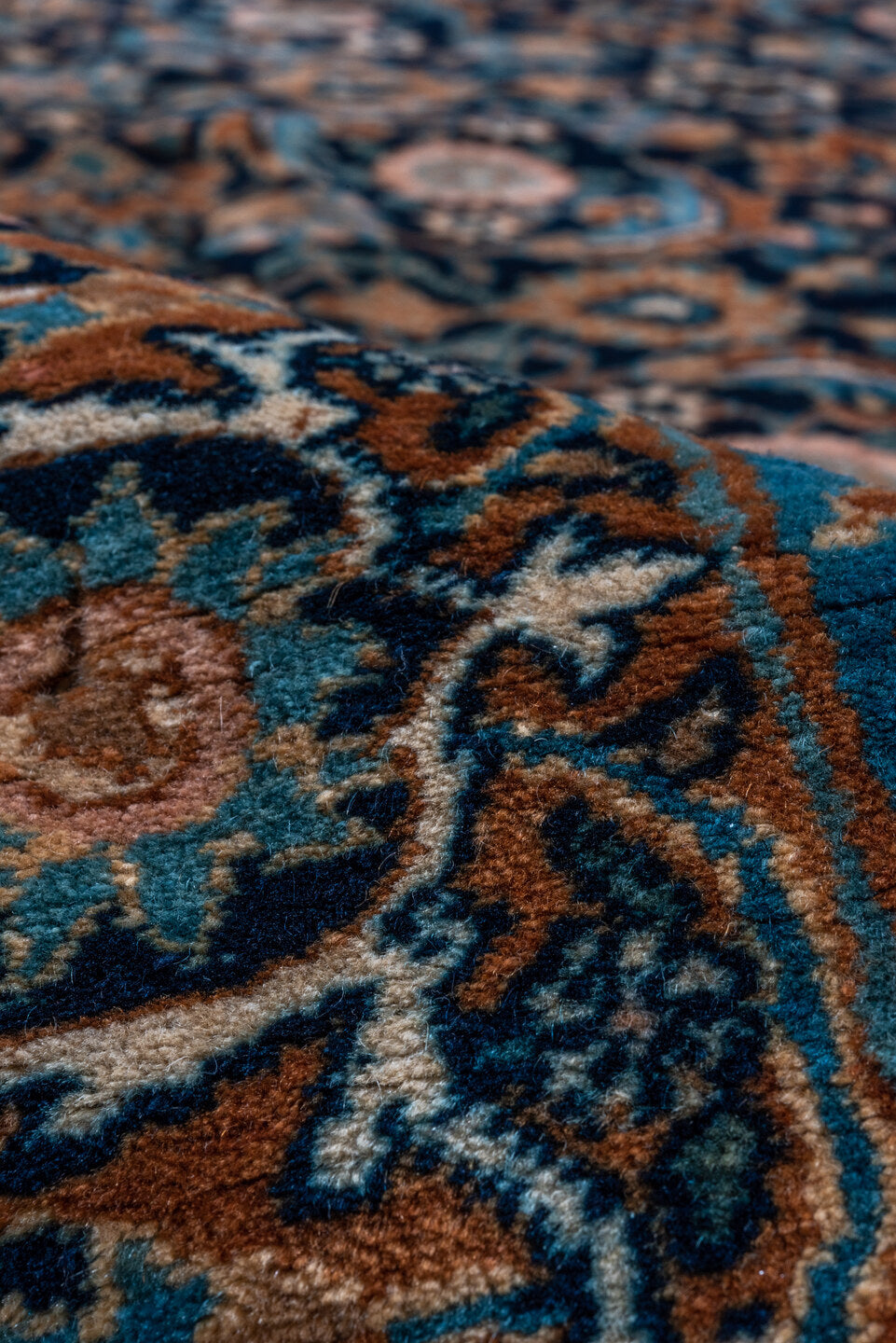 4' x 7' one-of-a-kind handmade vintage Yazd rug. Color palette: navy, turquoise, camel, taupe, rose, ivory, rust, charcoal