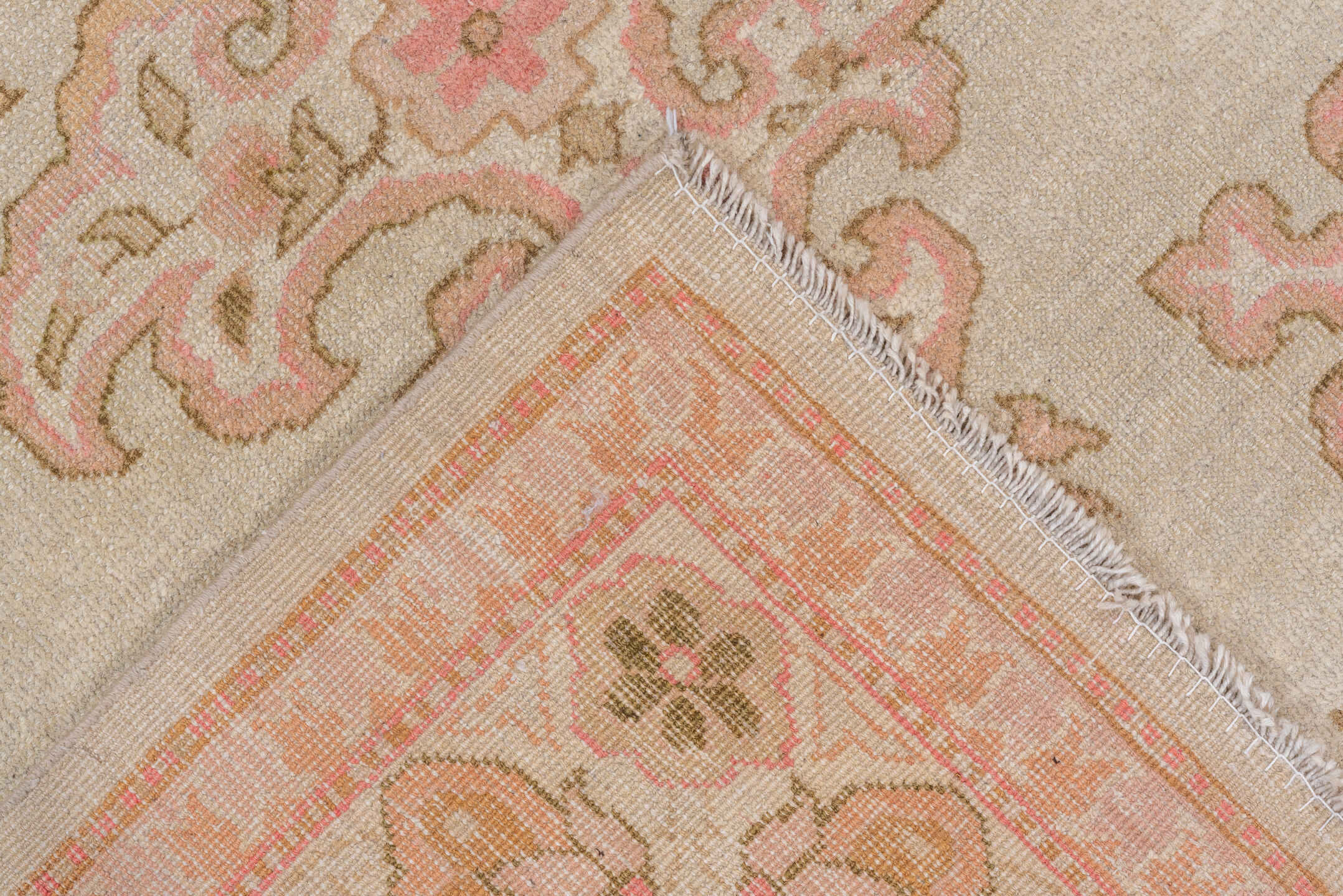 4' x 6' one-of-a-kind handmade vintage Amritzar rug. Color palette: ivory, blush, taupe, olive, cream, rose, pink, beige