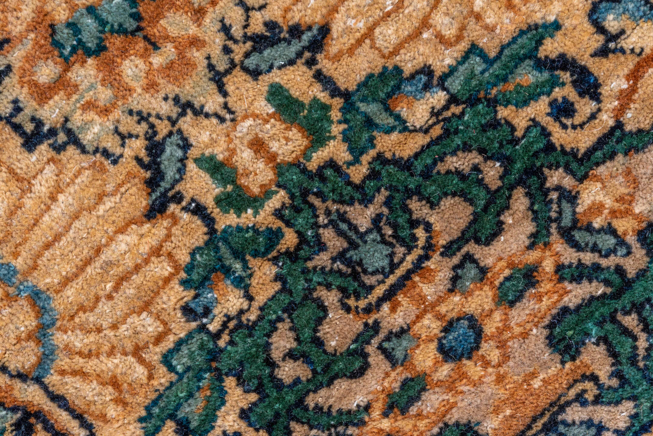 3' x 6' one-of-a-kind handmade vintage Kerman rug. Color palette: camel, teal, slate, brown, ivory, charcoal, beige, gray