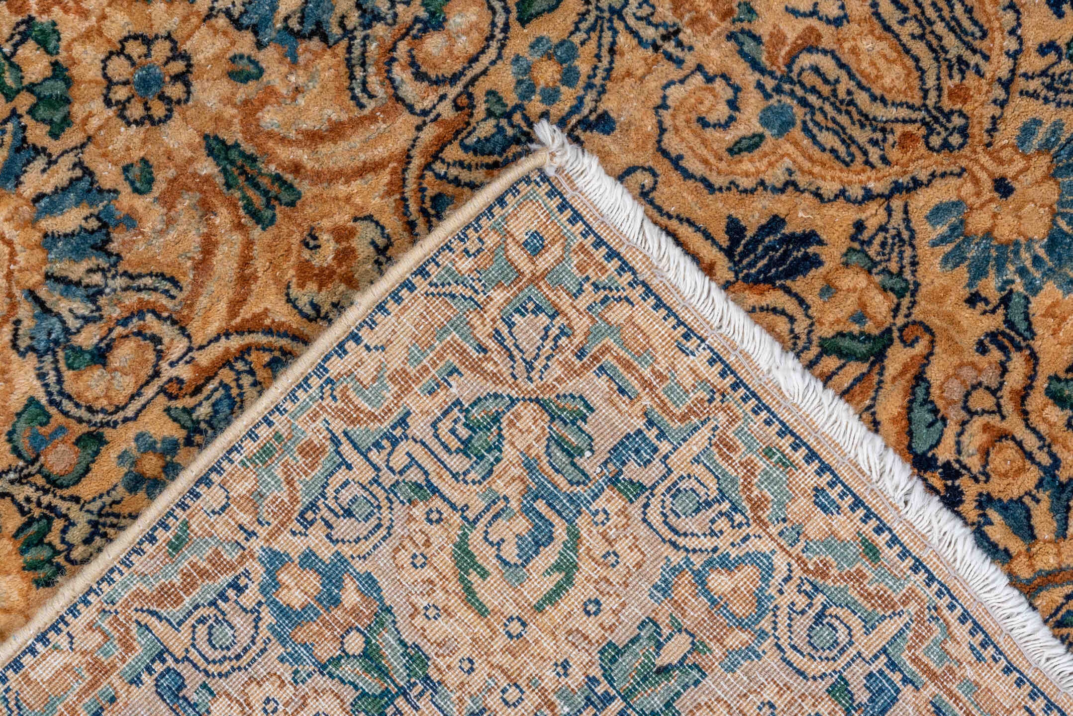 3' x 6' one-of-a-kind handmade vintage Kerman rug. Color palette: camel, teal, slate, brown, ivory, charcoal, beige, gray