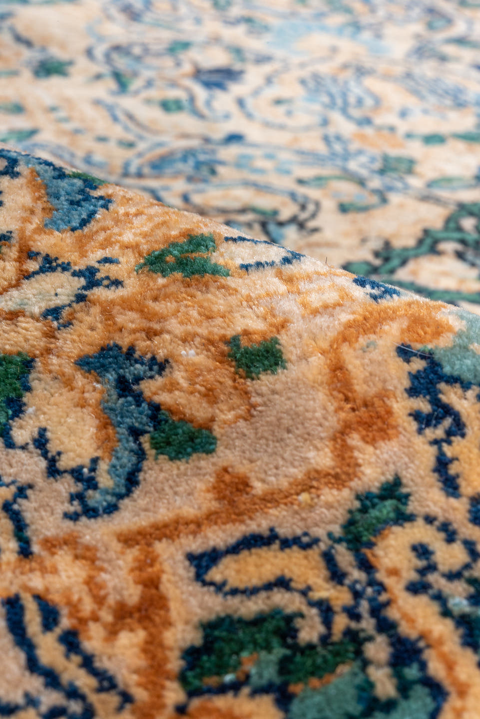 3' x 6' one-of-a-kind handmade vintage Kerman rug. Color palette: camel, teal, slate, brown, ivory, charcoal, beige, gray