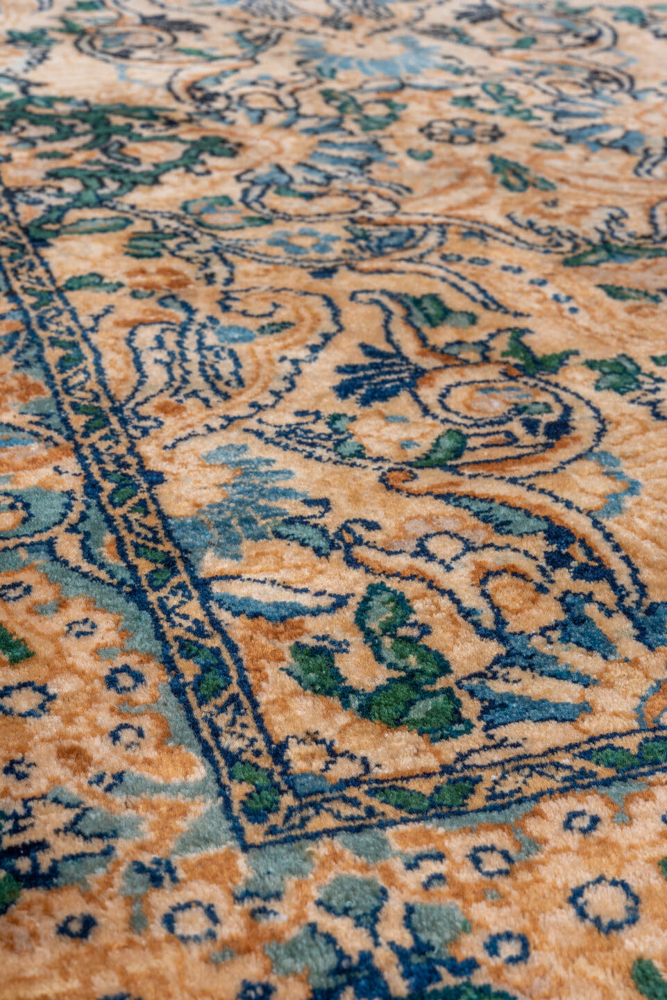 3' x 6' one-of-a-kind handmade vintage Kerman rug. Color palette: camel, teal, slate, brown, ivory, charcoal, beige, gray
