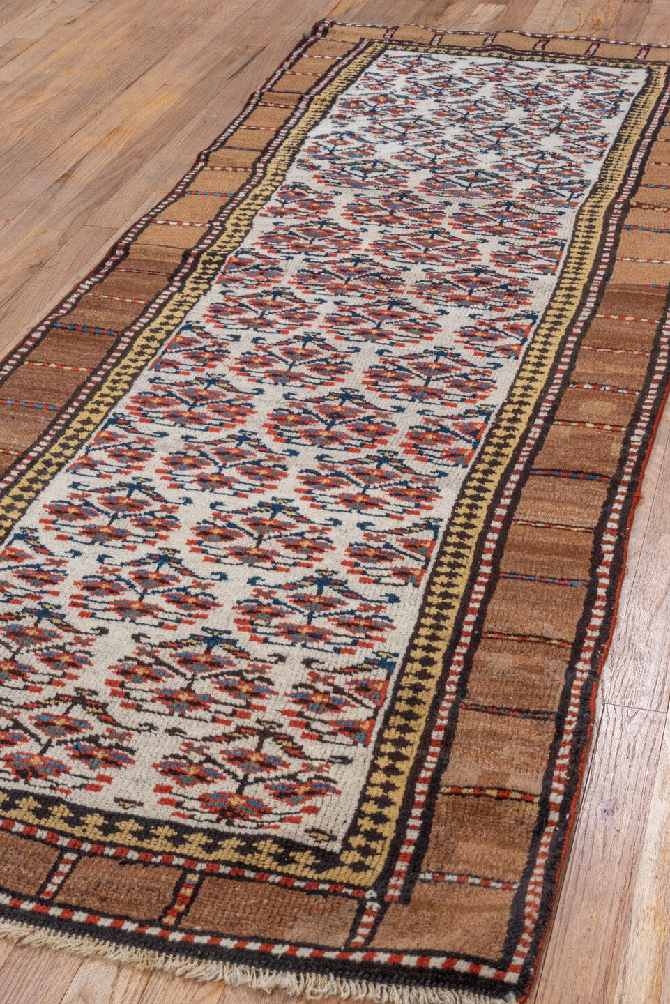 2' x 7' one-of-a-kind handmade vintage Cam Hamadan runner rug. Color palette: ivory, camel, rust, navy, brown, brick, beige