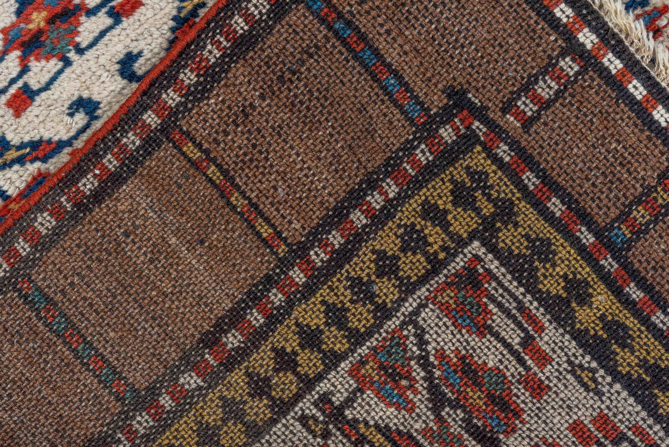 2' x 7' one-of-a-kind handmade vintage Cam Hamadan runner rug. Color palette: ivory, camel, rust, navy, brown, brick, beige