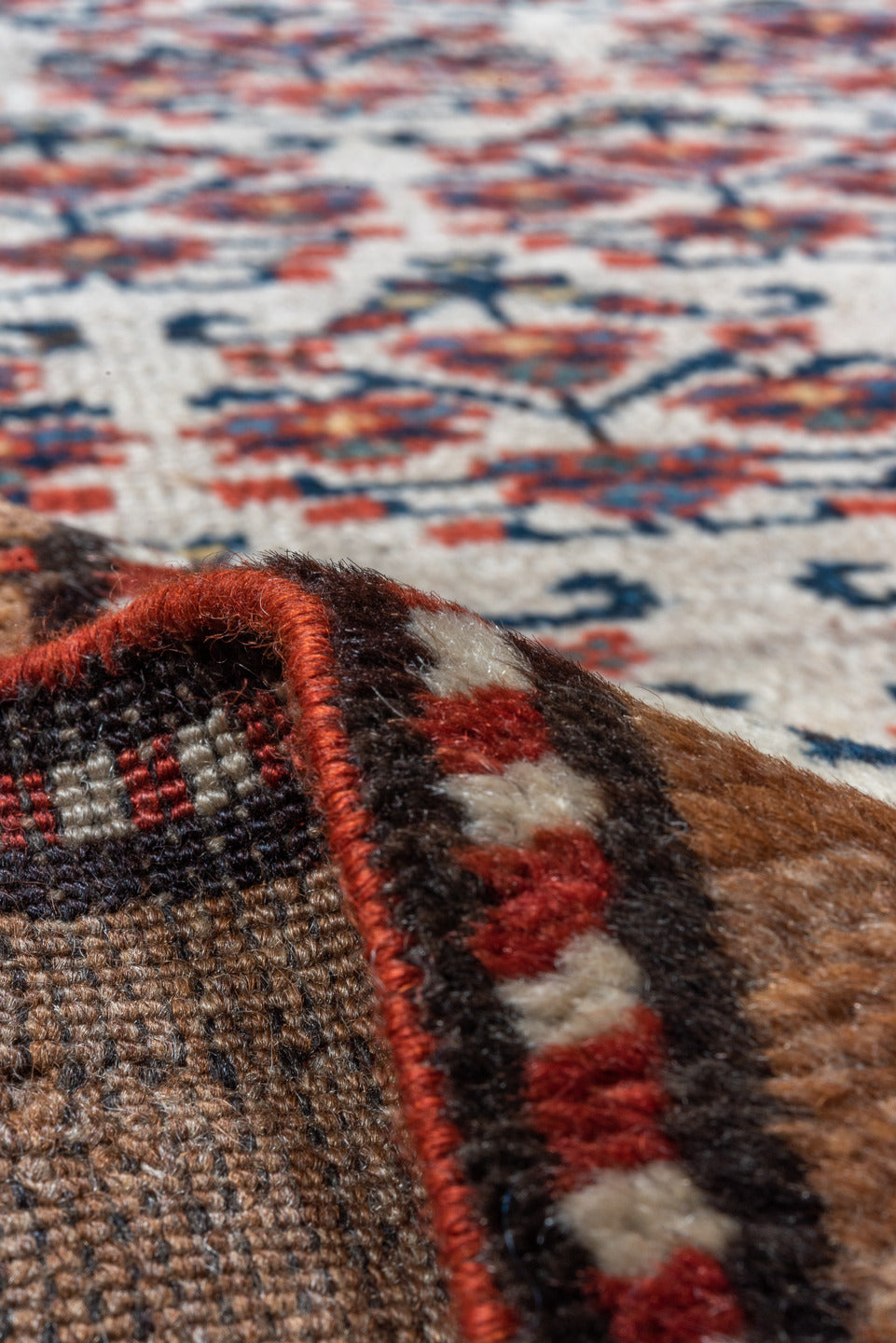2' x 7' one-of-a-kind handmade vintage Cam Hamadan runner rug. Color palette: ivory, camel, rust, navy, brown, brick, beige