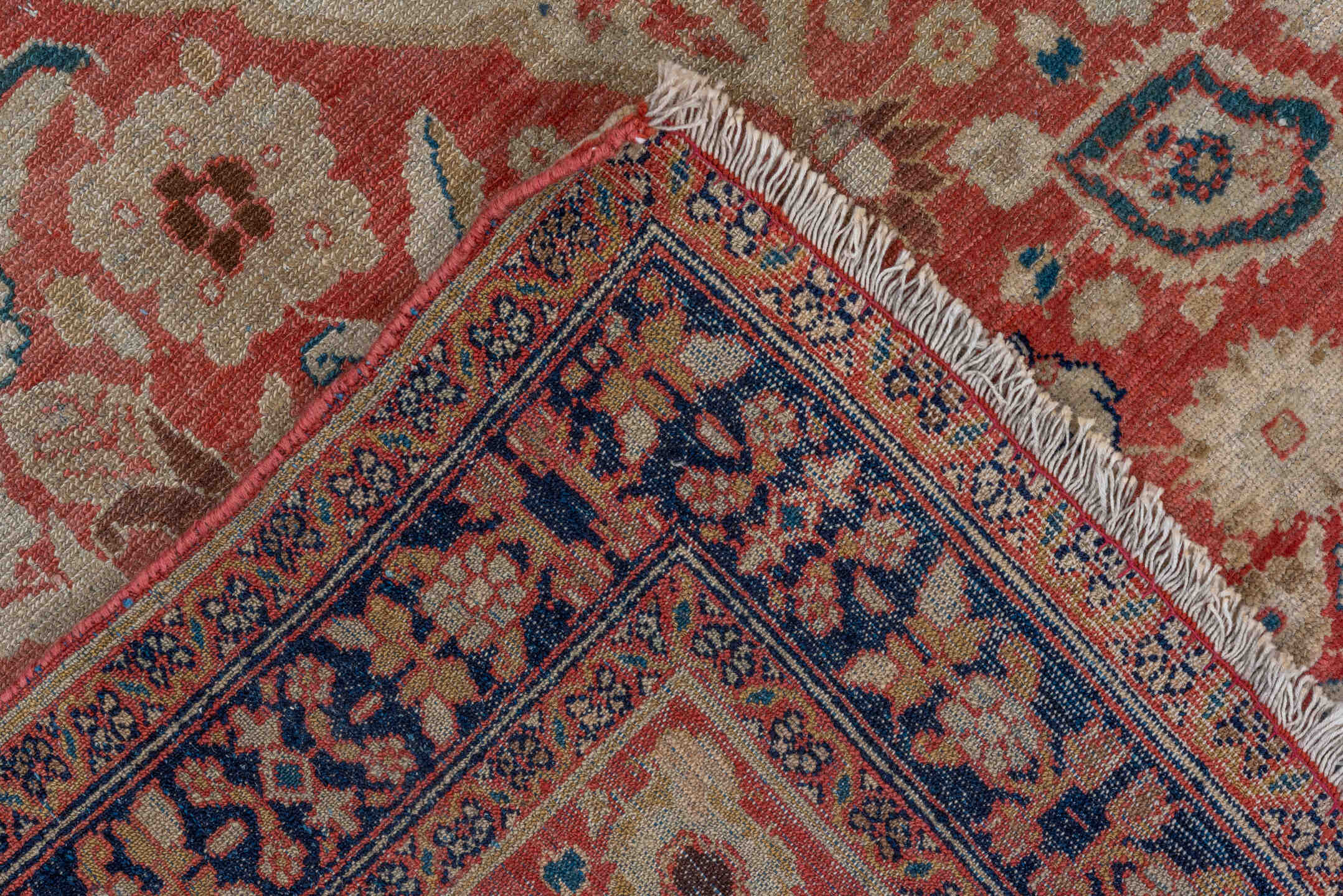 3' x 5' one-of-a-kind handmade vintage Malayer small size rug. Color palette: rose, ivory, navy, rust, coral, camel, slate