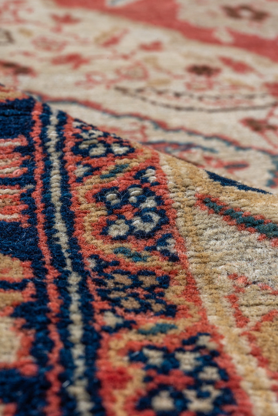 3' x 5' one-of-a-kind handmade vintage Malayer small size rug. Color palette: rose, ivory, navy, rust, coral, camel, slate