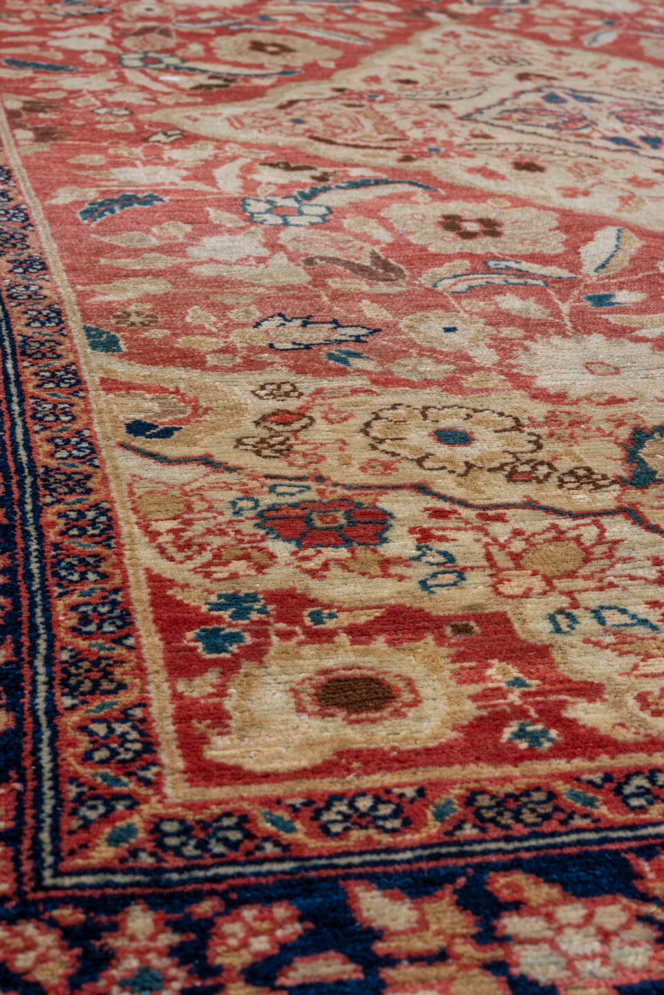 3' x 5' one-of-a-kind handmade vintage Malayer small size rug. Color palette: rose, ivory, navy, rust, coral, camel, slate