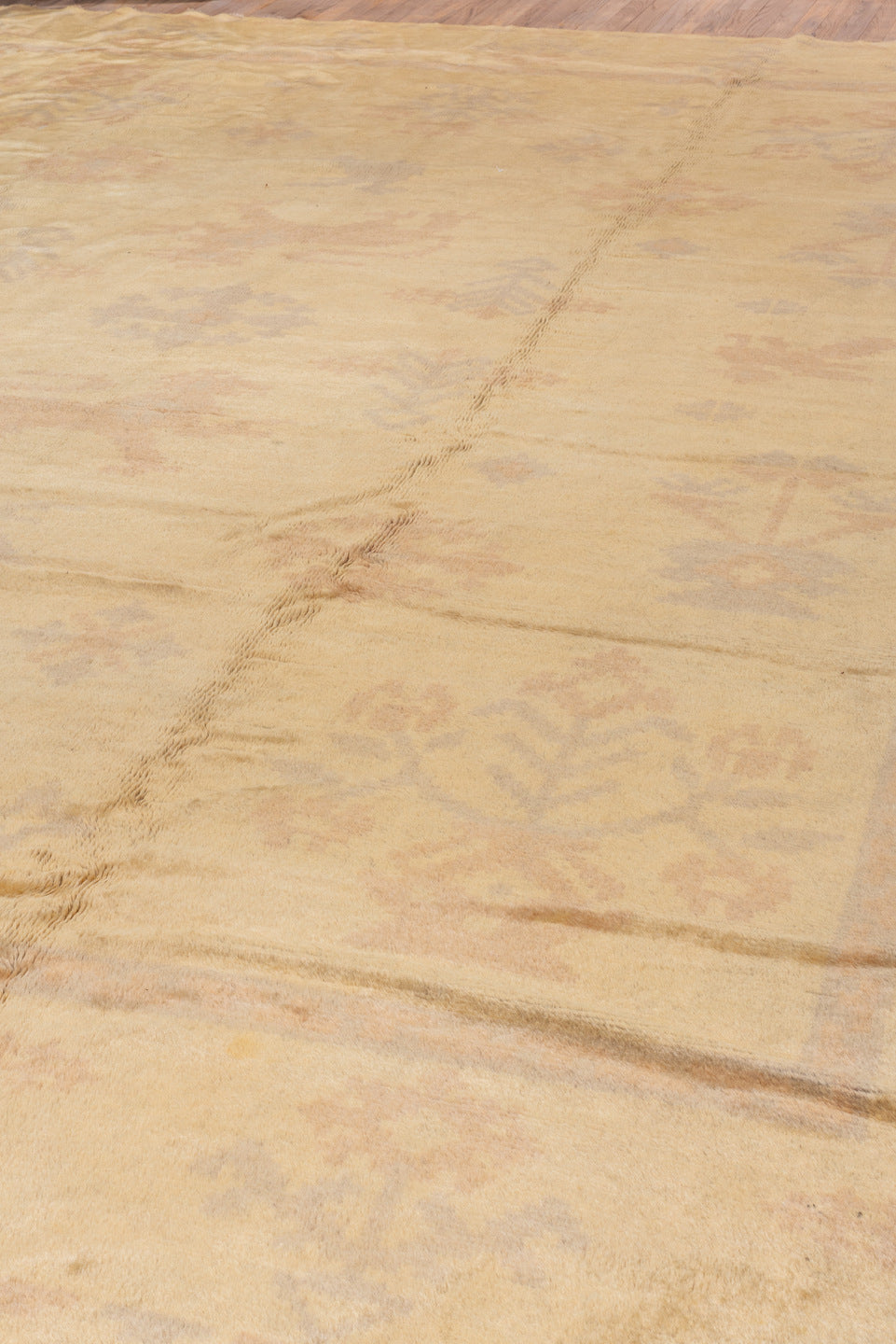 11' x 14' one-of-a-kind handmade vintage Spanish oversize rug. Color palette: ivory, camel, cream, blush, pale blue, taupe