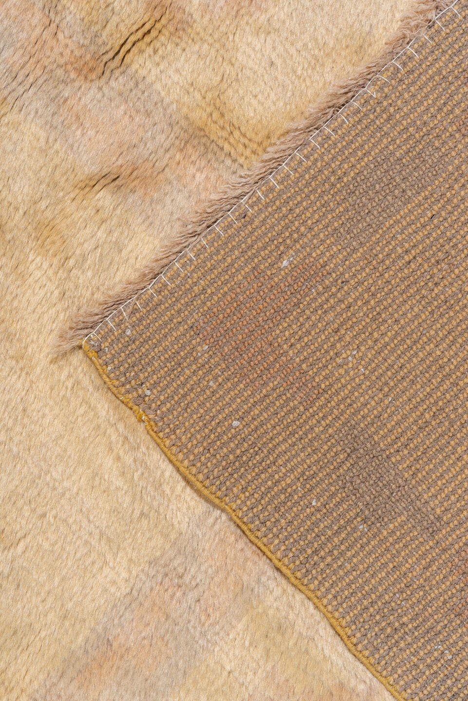 11' x 14' one-of-a-kind handmade vintage Spanish oversize rug. Color palette: ivory, camel, cream, blush, pale blue, taupe