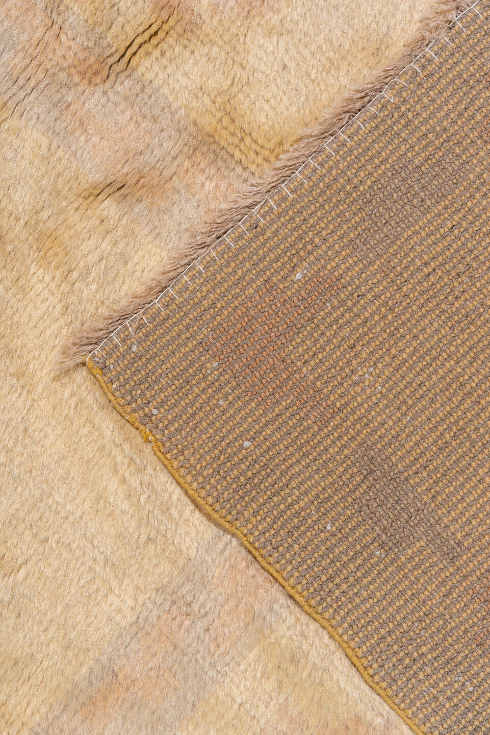 11' x 14' one-of-a-kind handmade vintage Spanish oversize rug. Color palette: ivory, camel, cream, blush, pale blue, taupe