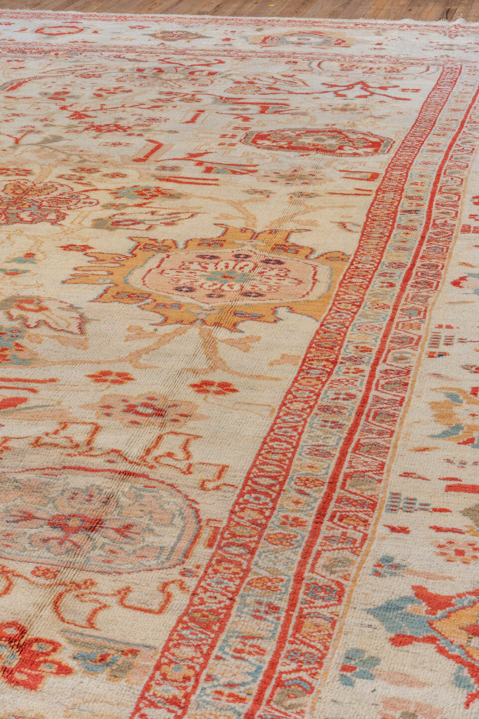 14' x 26' one-of-a-kind handmade vintage Sultanabad oversize rug. Color palette: ivory, rust, coral, taupe, pale blue, camel