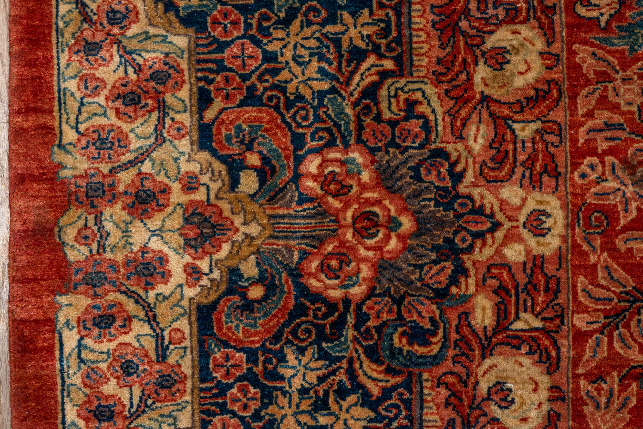 10' x 17' one-of-a-kind handmade vintage Sarouk rug. Color palette: red, navy, ivory, sky blue, rust, coral, camel, blue