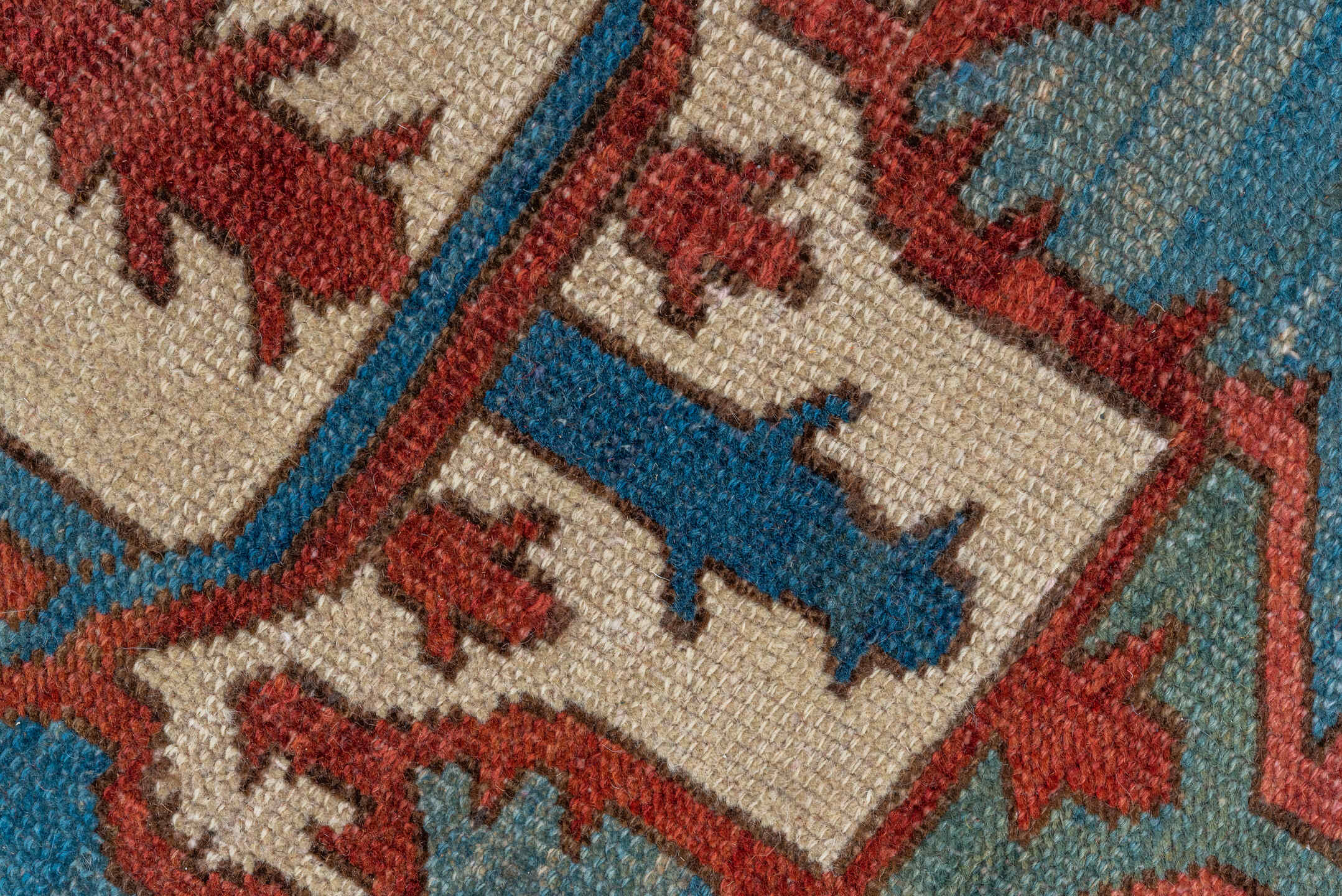 10' x 15' one-of-a-kind handmade vintage Serapi rug. Color palette: rust, sky blue, ivory, crimson, slate, rose, navy