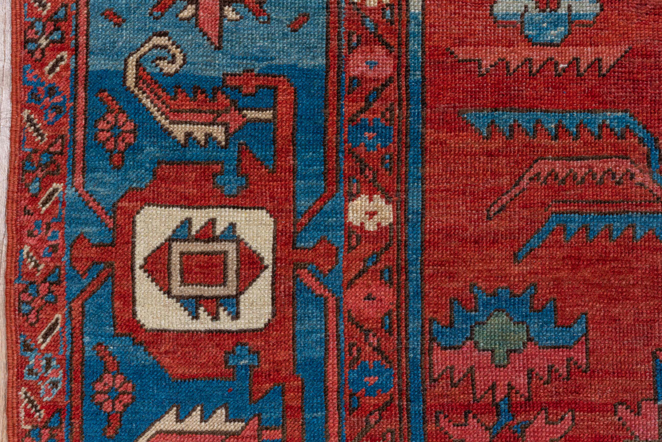 10' x 15' one-of-a-kind handmade vintage Serapi rug. Color palette: rust, sky blue, ivory, crimson, slate, rose, navy