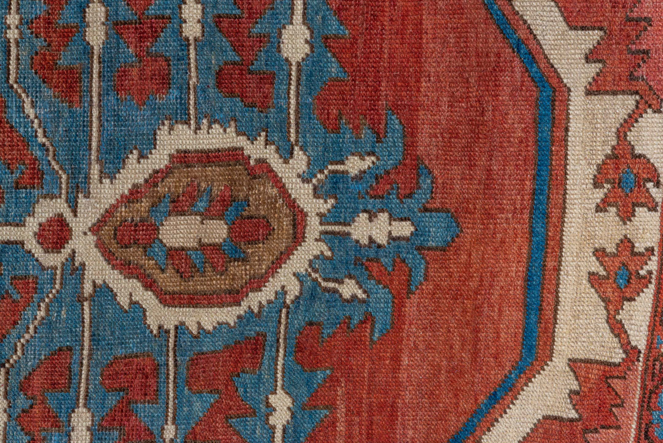 10' x 15' one-of-a-kind handmade vintage Serapi rug. Color palette: rust, sky blue, ivory, crimson, slate, rose, navy