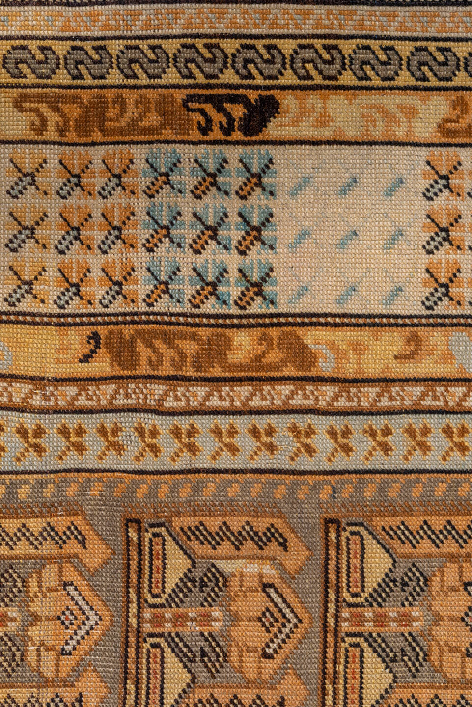4' x 5' one-of-a-kind handmade vintage Kula small size rug. Color palette: ivory, camel, taupe, pale blue, tan, charcoal