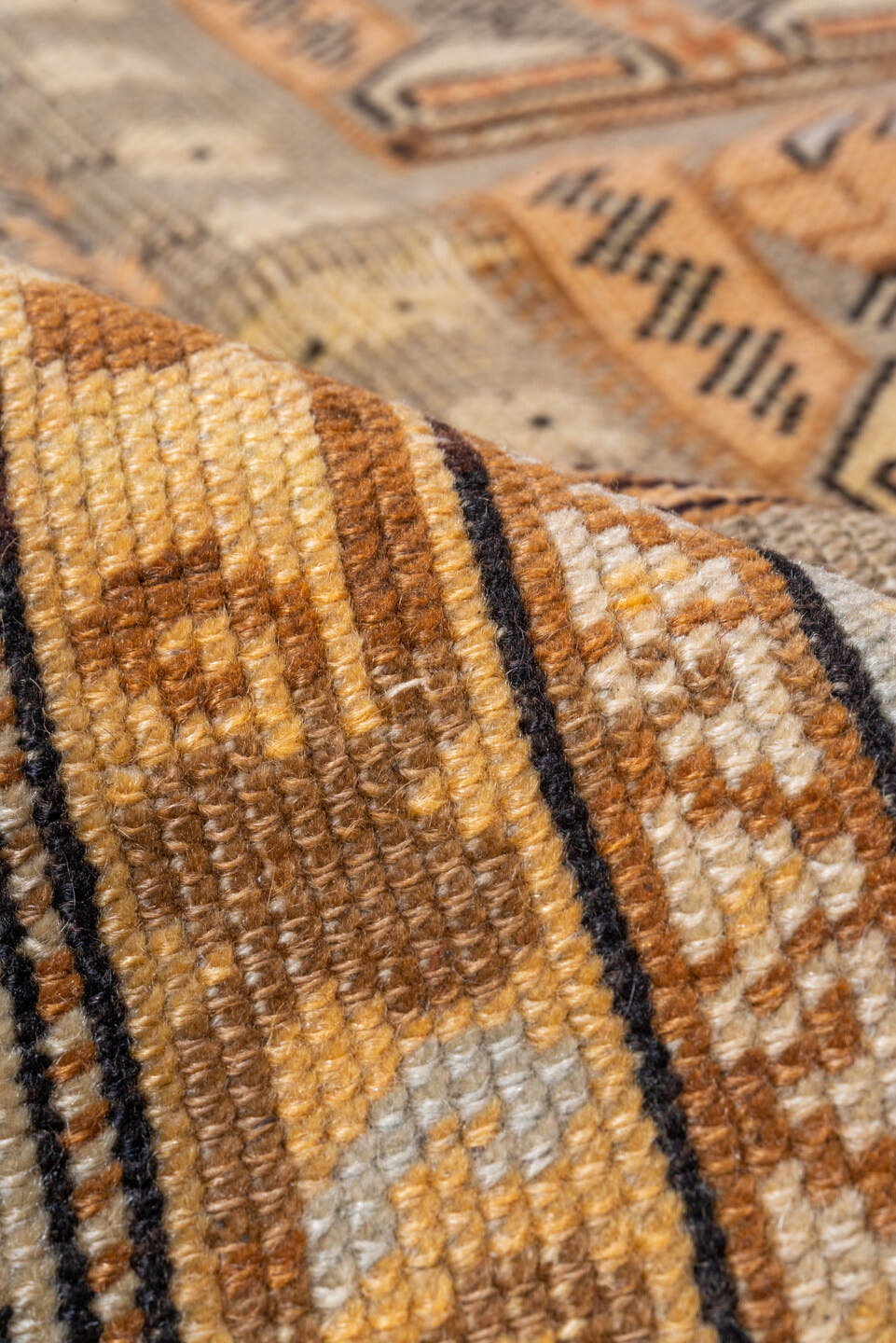 4' x 5' one-of-a-kind handmade vintage Kula small size rug. Color palette: ivory, camel, taupe, pale blue, tan, charcoal