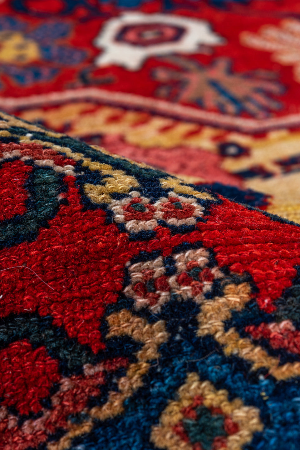 4' x 6' one-of-a-kind handmade vintage Senne rug. Color palette: red, ivory, navy, indigo, rose, camel, sky_blue, burgundy