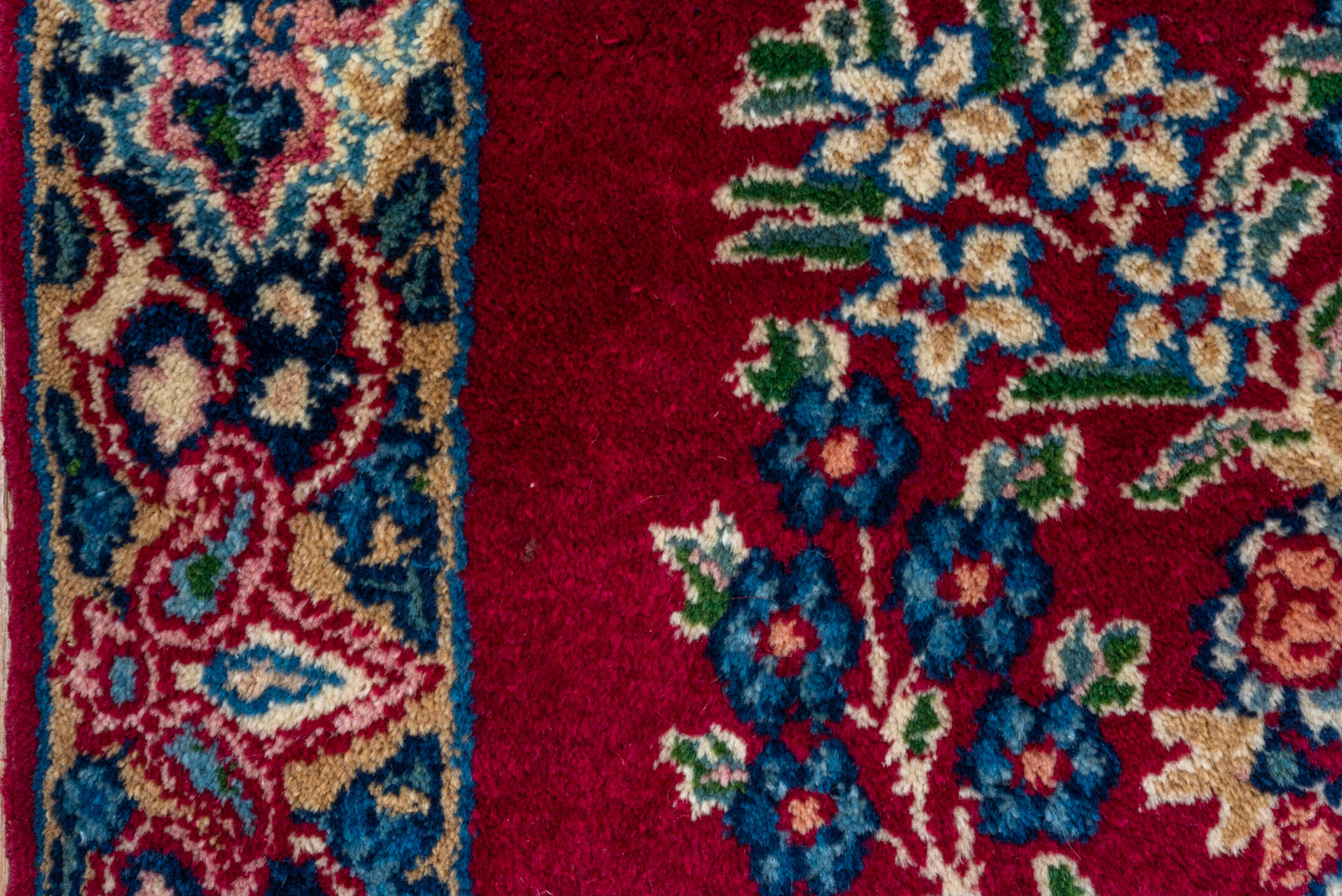 1' x 1' one-of-a-kind handmade vintage Kerman small size rug. Color palette: crimson, ivory, navy, rose, sky_blue, sage
