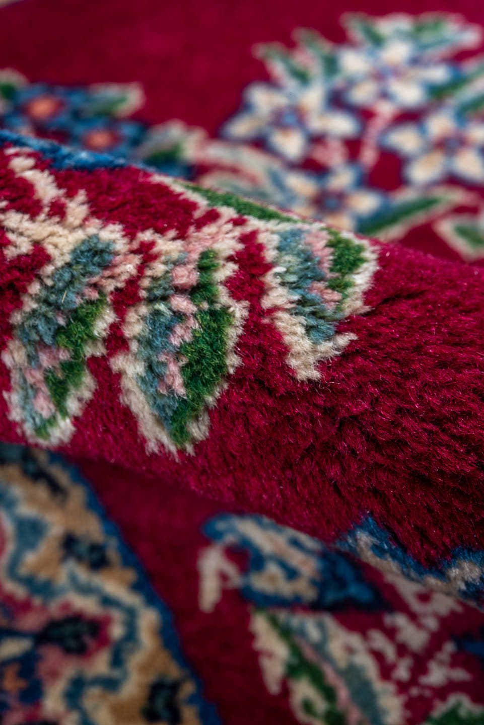 1' x 1' one-of-a-kind handmade vintage Kerman small size rug. Color palette: crimson, ivory, navy, rose, sky_blue, sage