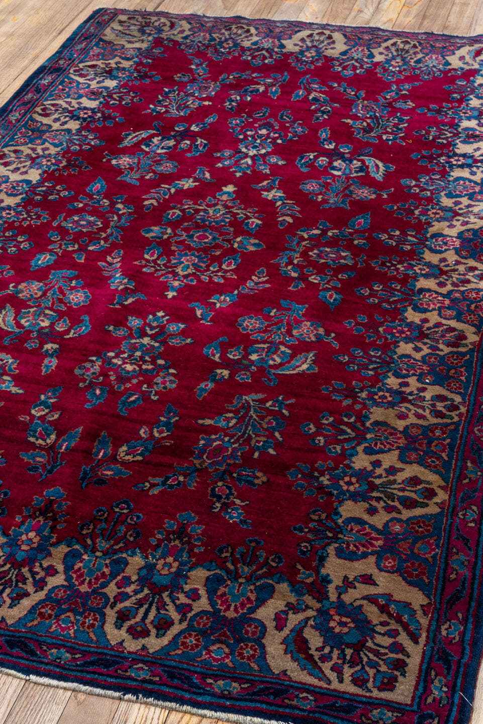 3' x 6' one-of-a-kind handmade vintage Kerman small size rug. Color palette: crimson, ivory, navy, sky blue, rose, burgundy