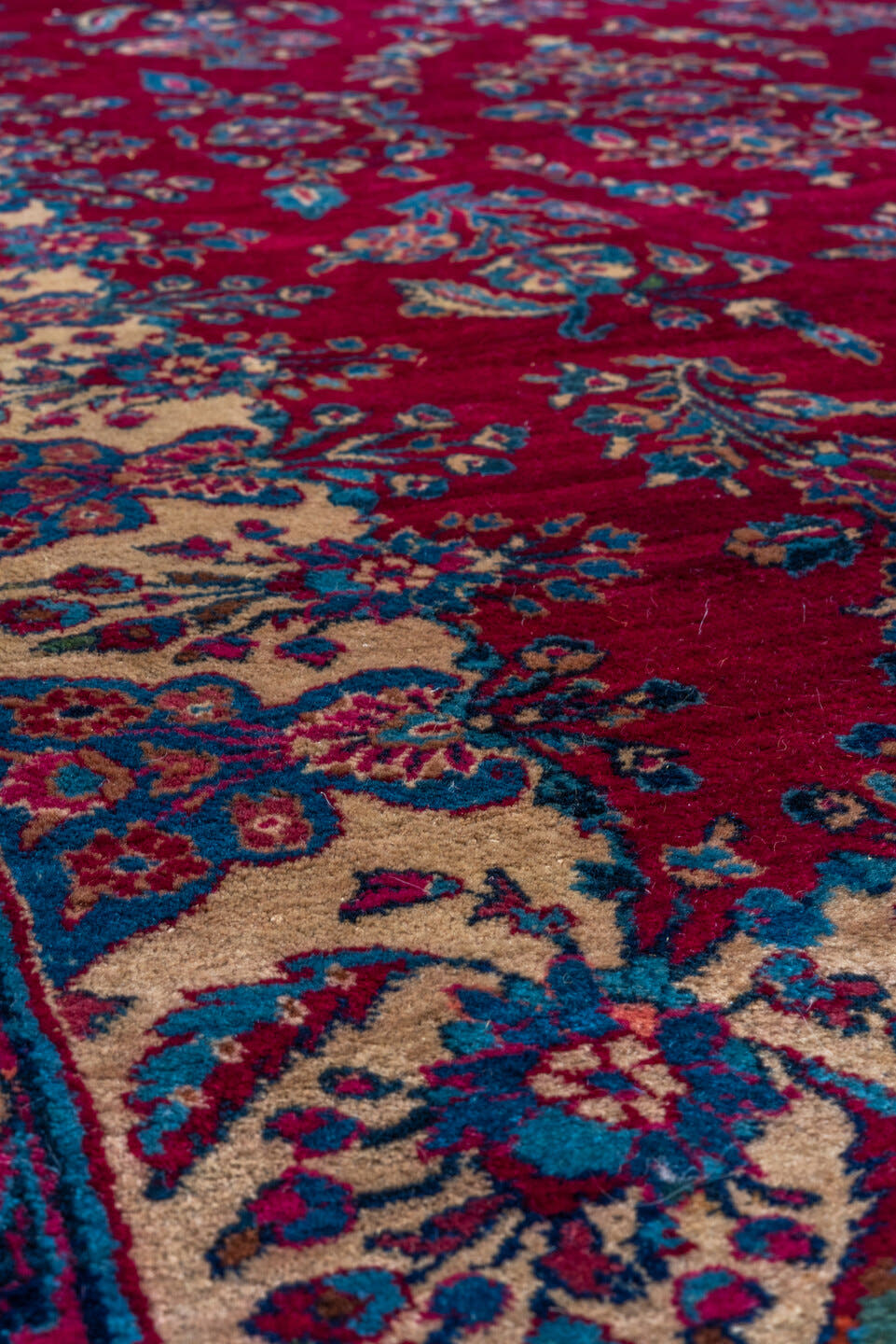 3' x 6' one-of-a-kind handmade vintage Kerman small size rug. Color palette: crimson, ivory, navy, sky blue, rose, burgundy